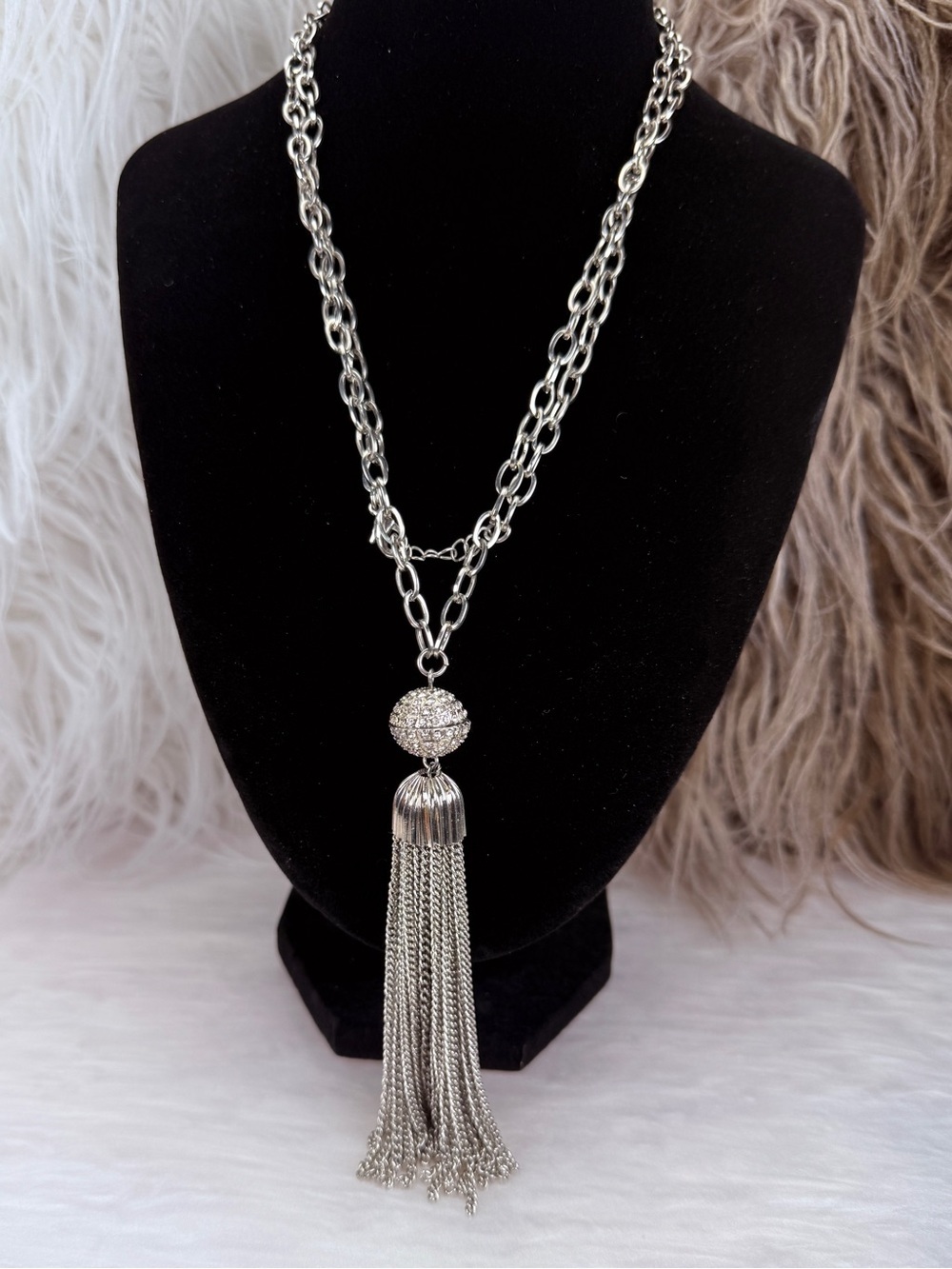 Silvertone Chain Tassel Pendant Necklace Sparkling Statement Jewelry
